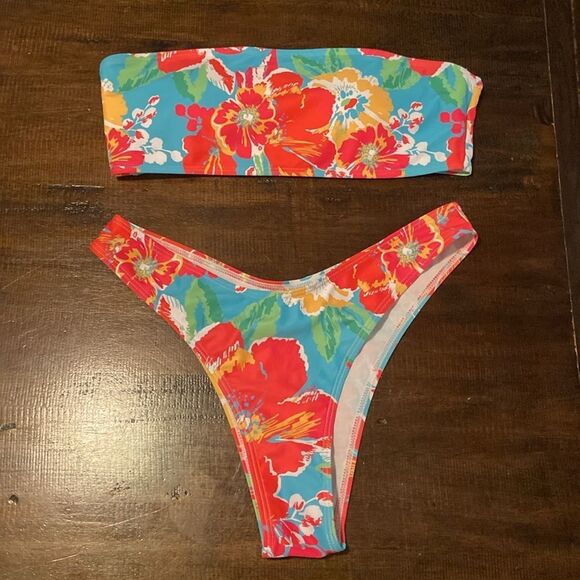 Floral bandeau Bikini Set in Pink, Blue & yellow Medium - Picture 1 of 8